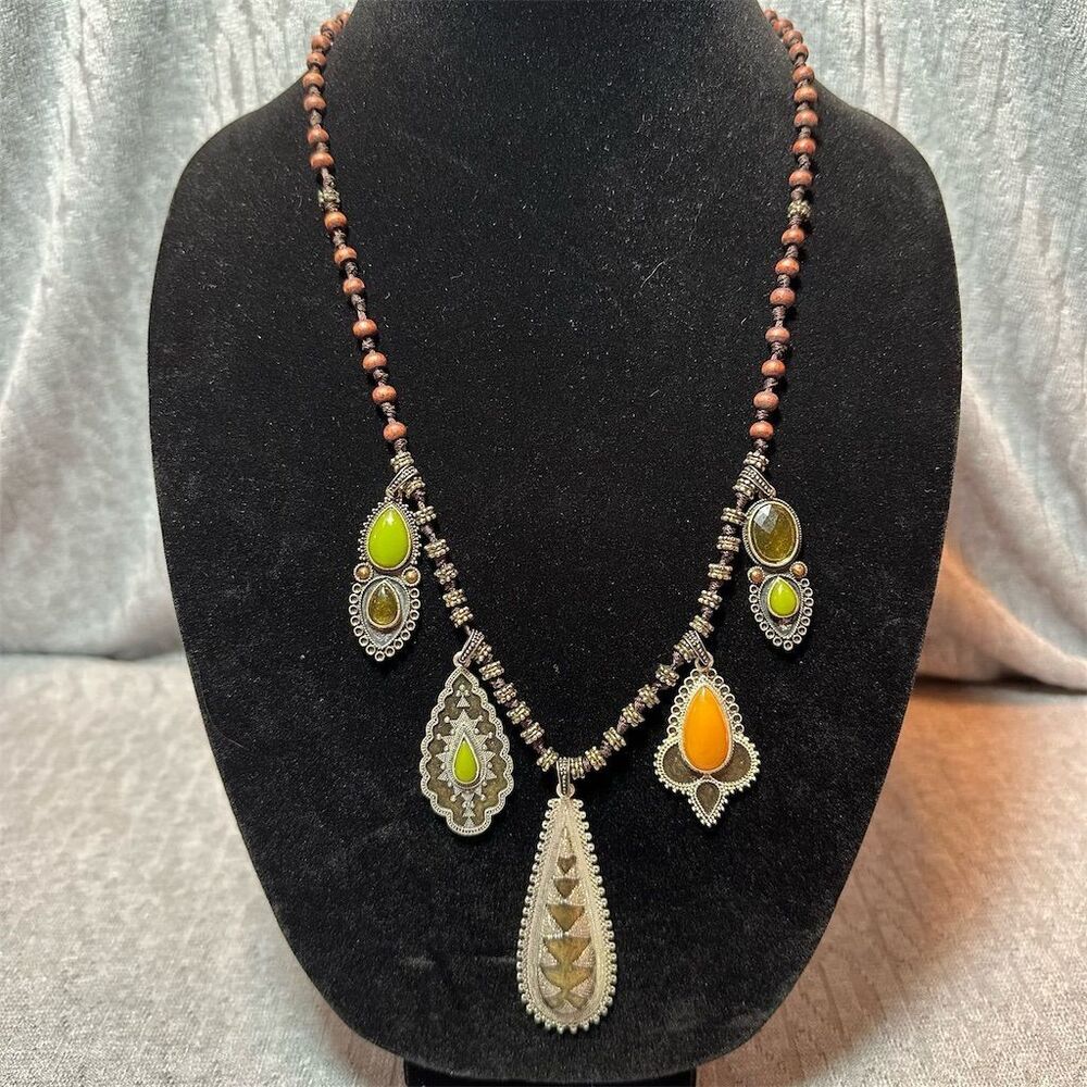 Vintage Multicolor Beaded Necklace with Ornate Pendants 20" Lobster Clasp